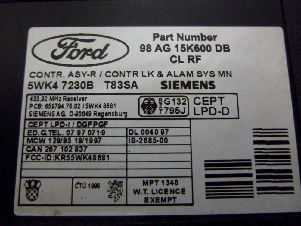 Ford Focus Bj:2002 Steuerger?t 98AG15K600DB 5WK47230B